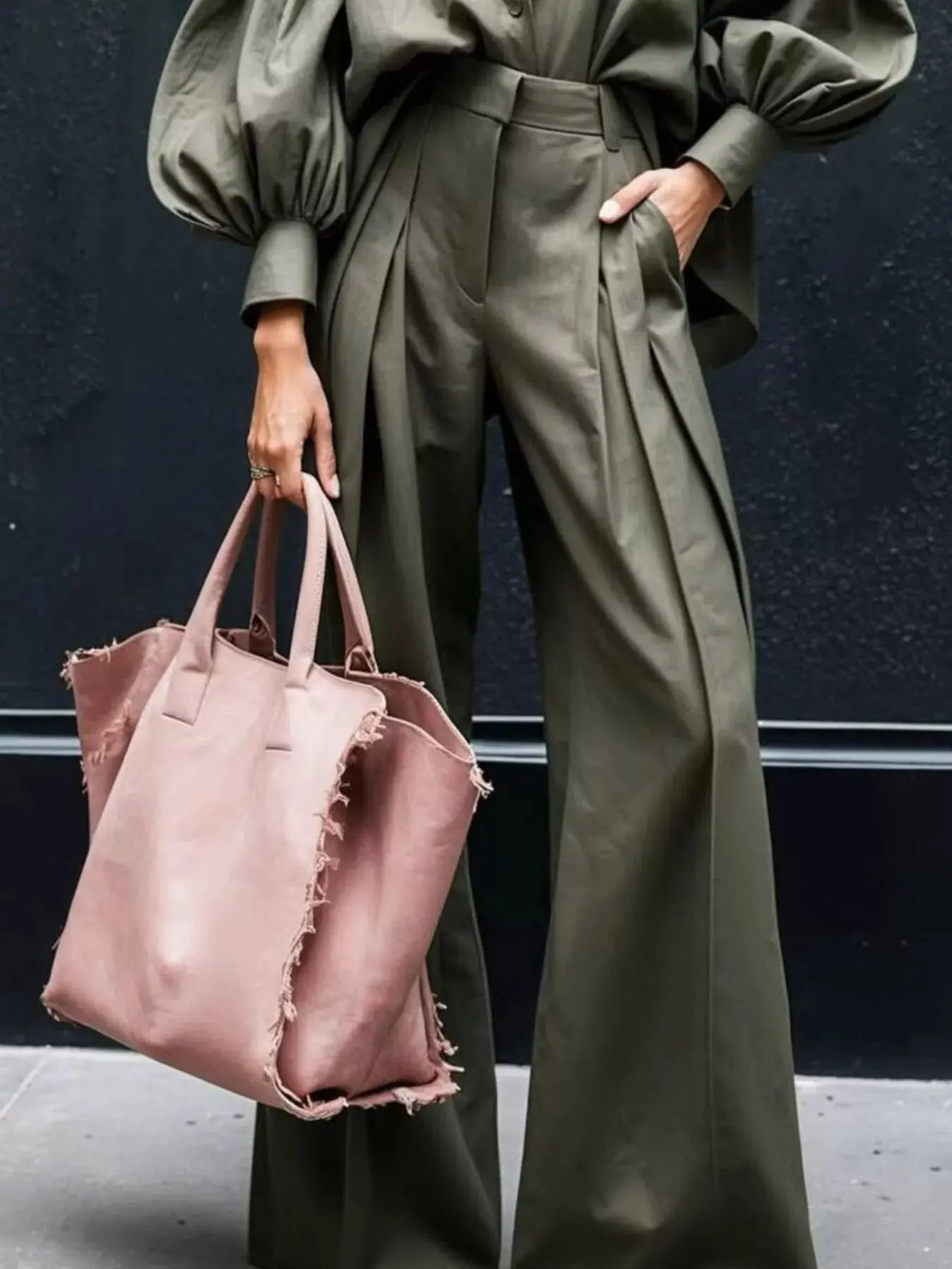 Lantern Sleeve Shirt and Wide Leg Pants Set Simply Love
