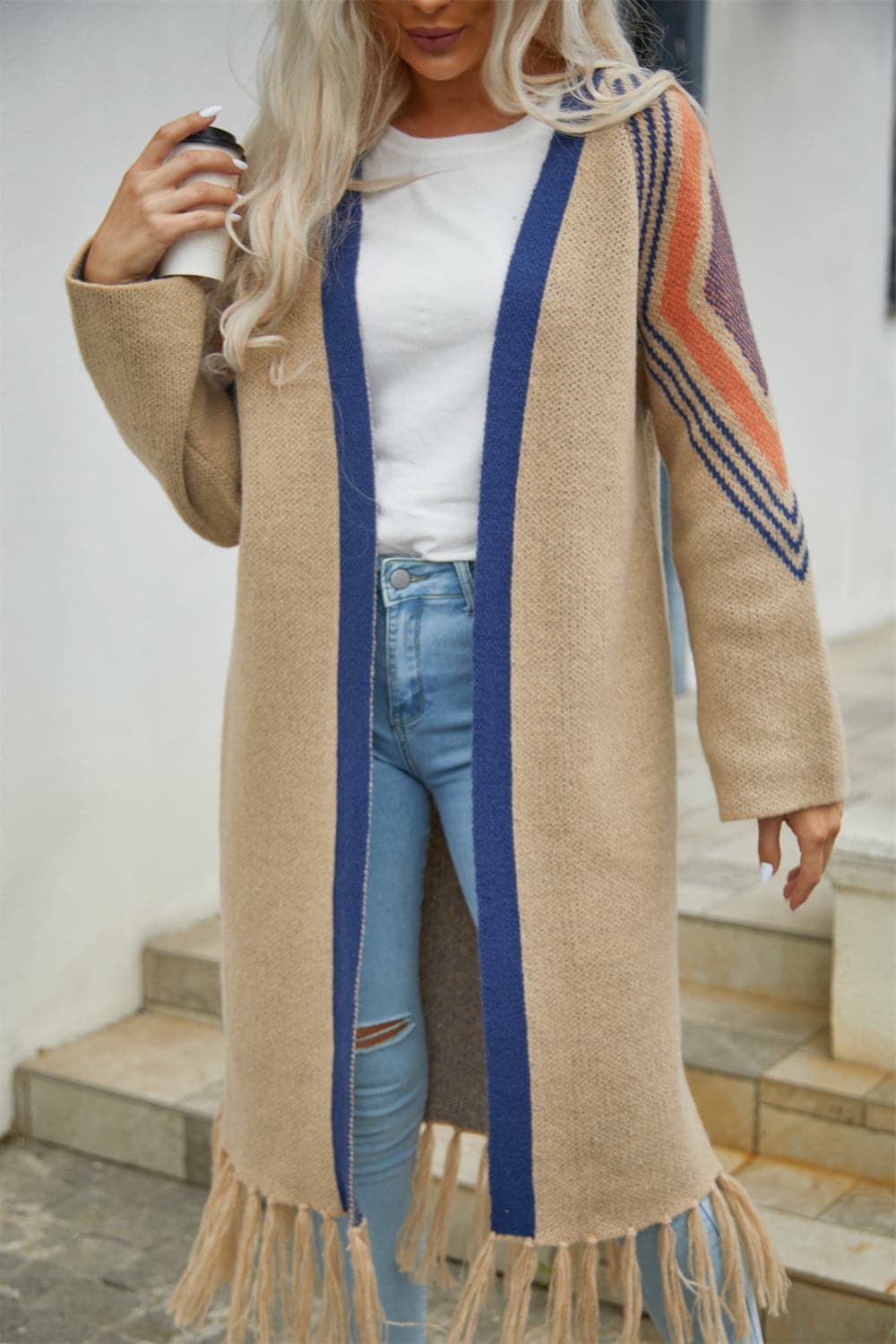 Geometric Fringe Hem Open Front Duster Cardigan.