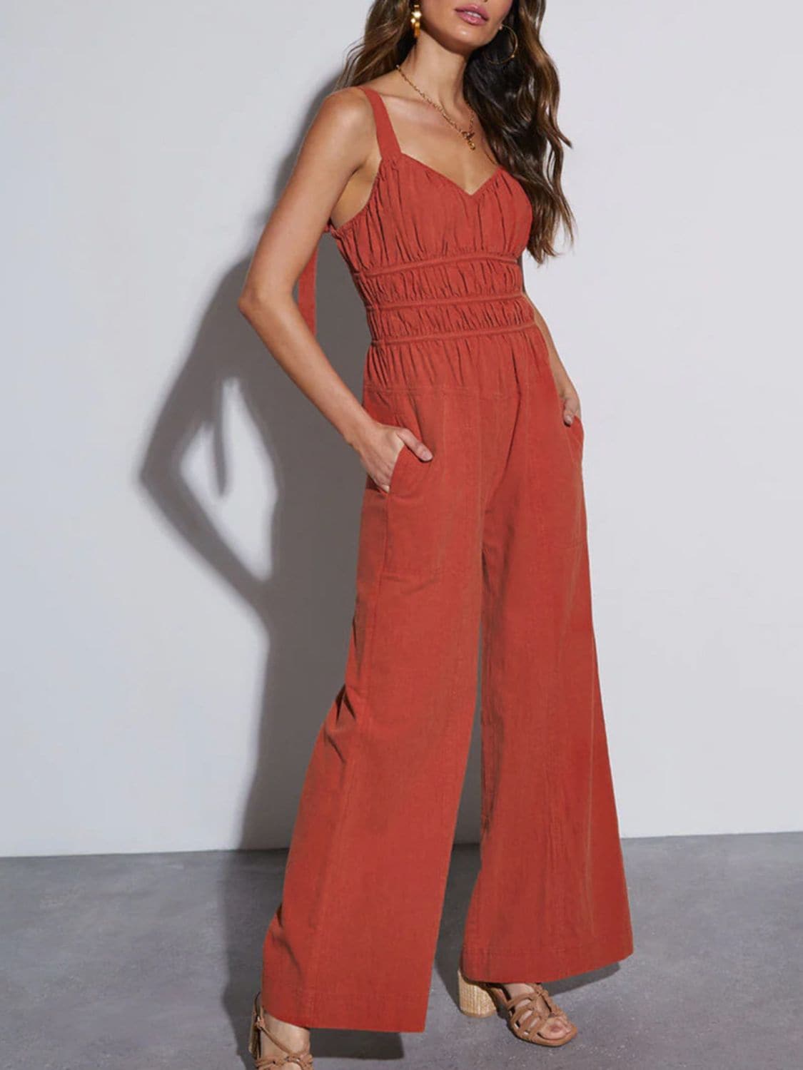 Ruched Wide Strap Jumpsuit with Pockets.