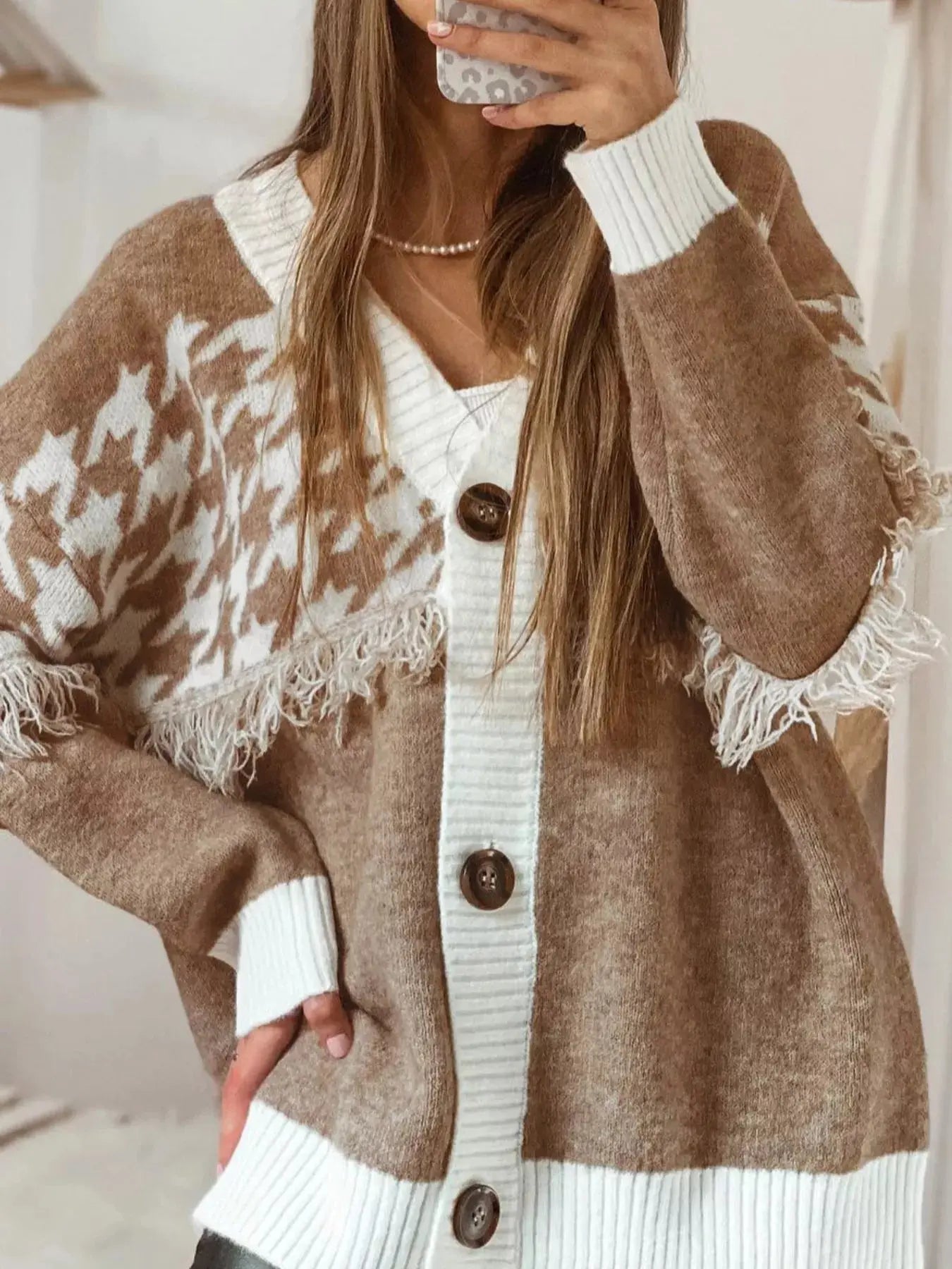 Fringe Trim Button-Up Cardigan Simply Love
