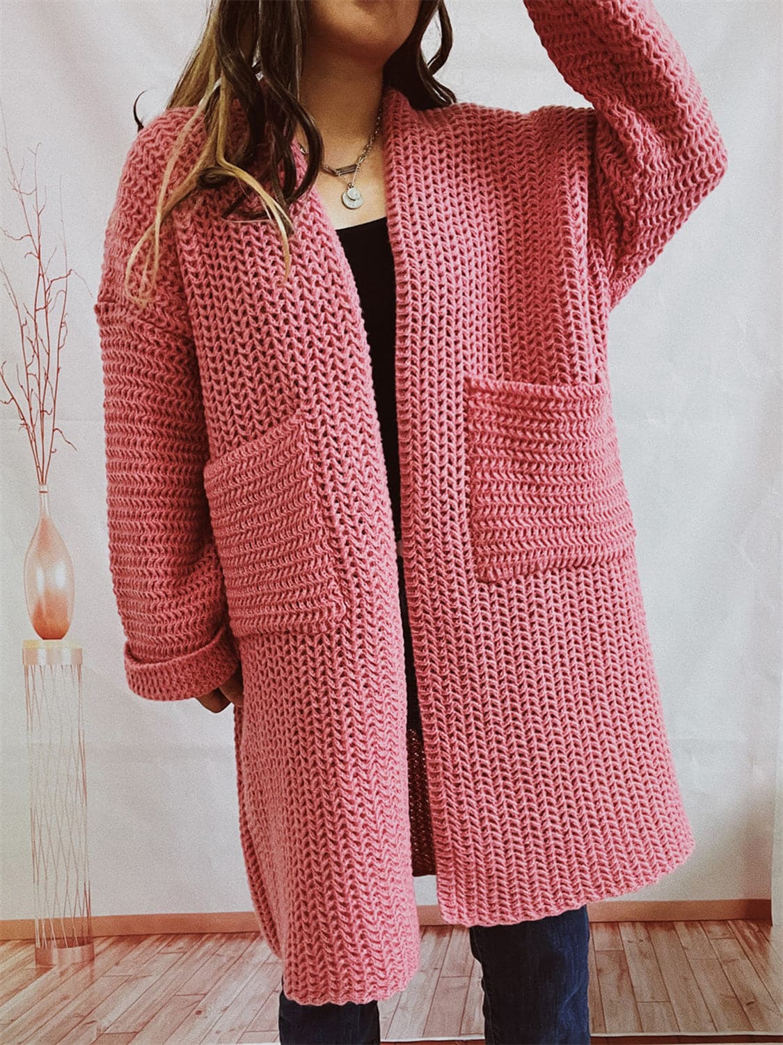 Open Front Long Sleeve Cardigan with Pockets.