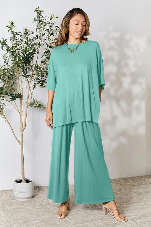 Double Take Full Size Round Neck Slit Top and Pants Set - Love Salve