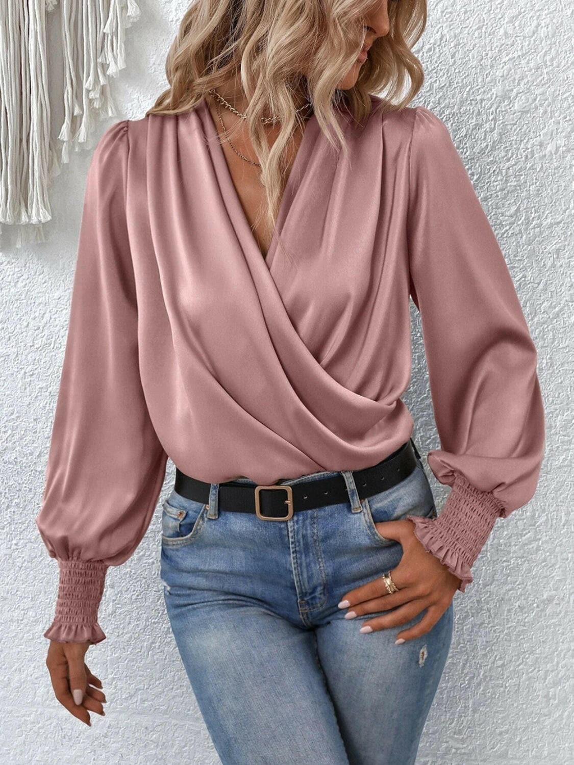 Surplice Smocked Lantern Sleeve Blouse.