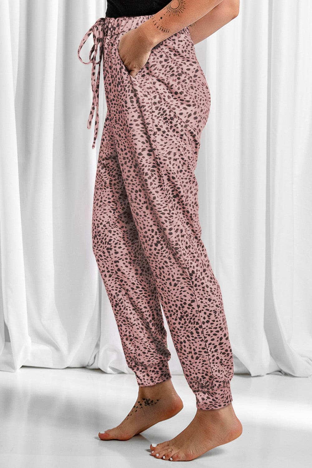 Full Size Leopard Drawstring Pocketed Pants.