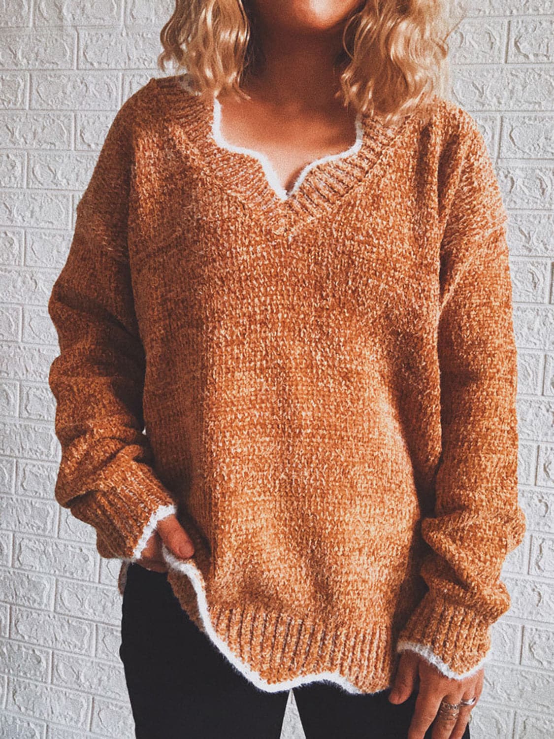 Notched Dropped Shoulder Long Sleeve Sweater.