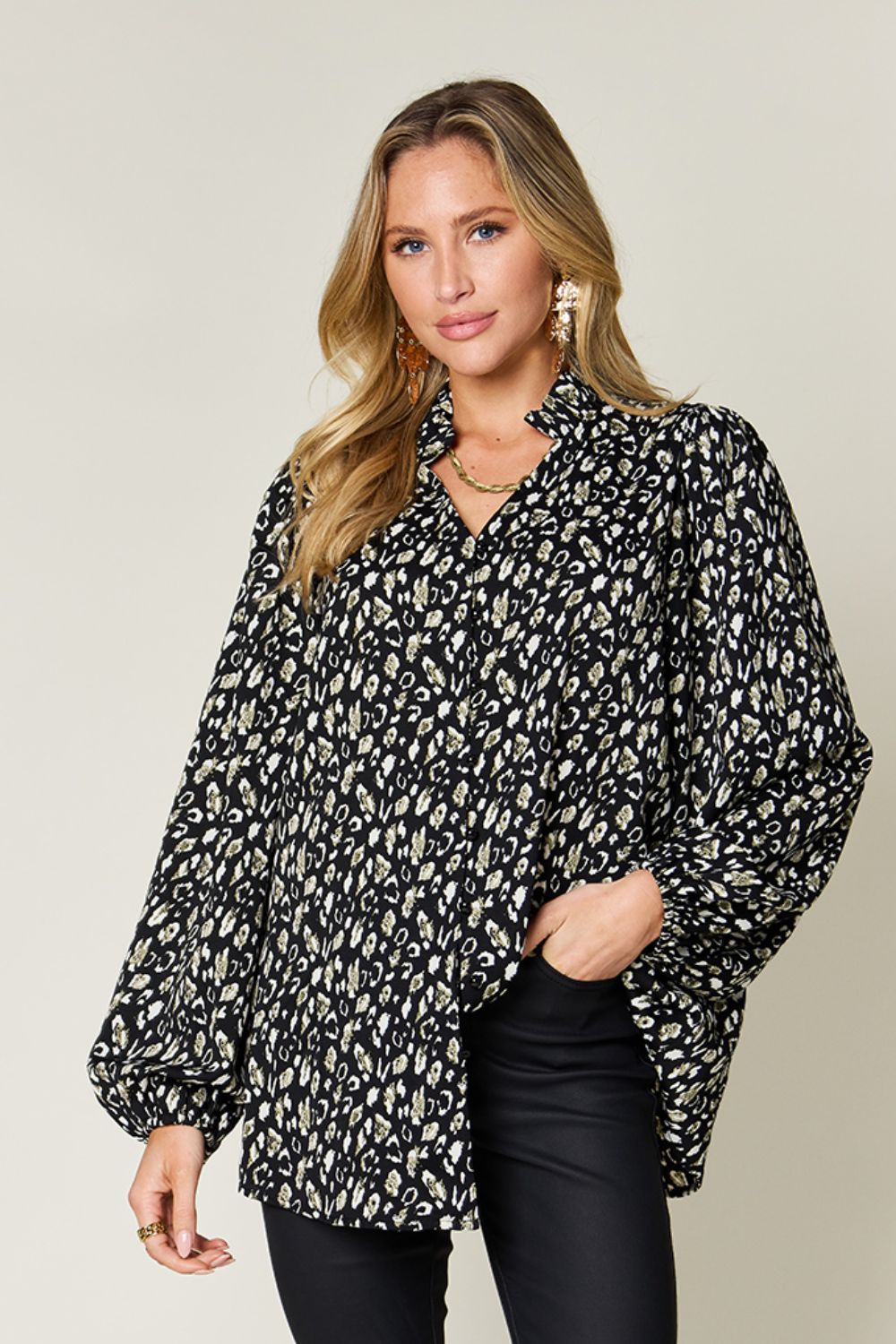 Double Take Leopard Blouse - Long Sleeve
