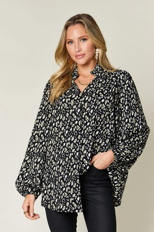 Double Take Full Size Leopard Long Sleeve Blouse - Love Salve