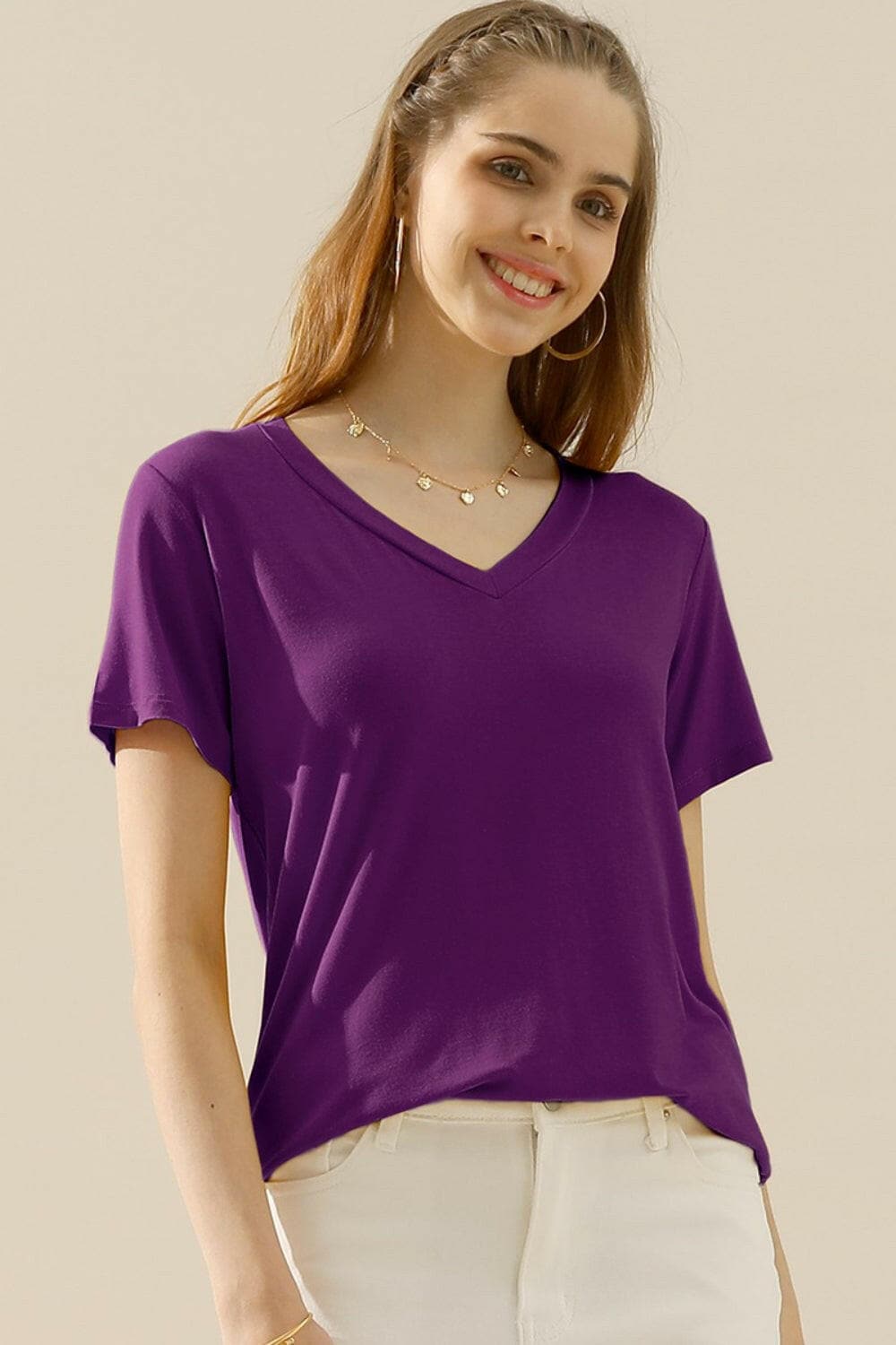 Ninexis Full Size V-Neck Short Sleeve T-Shirt.