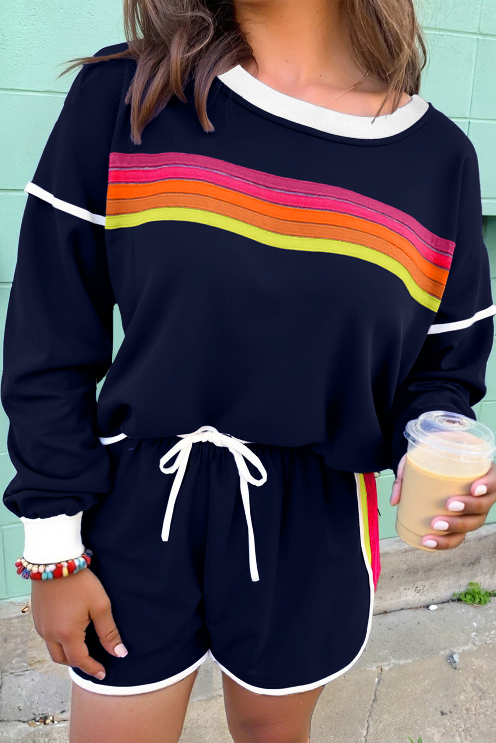 Bluing Striped Varsity Set Long Sleeve Pullover and Shorts Dear-Lover Dropshipping