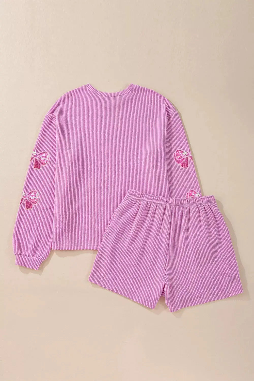 Corded Rib Sequin Bow Patched Long Sleeve Top and Shorts 2pcs Set Simply Love