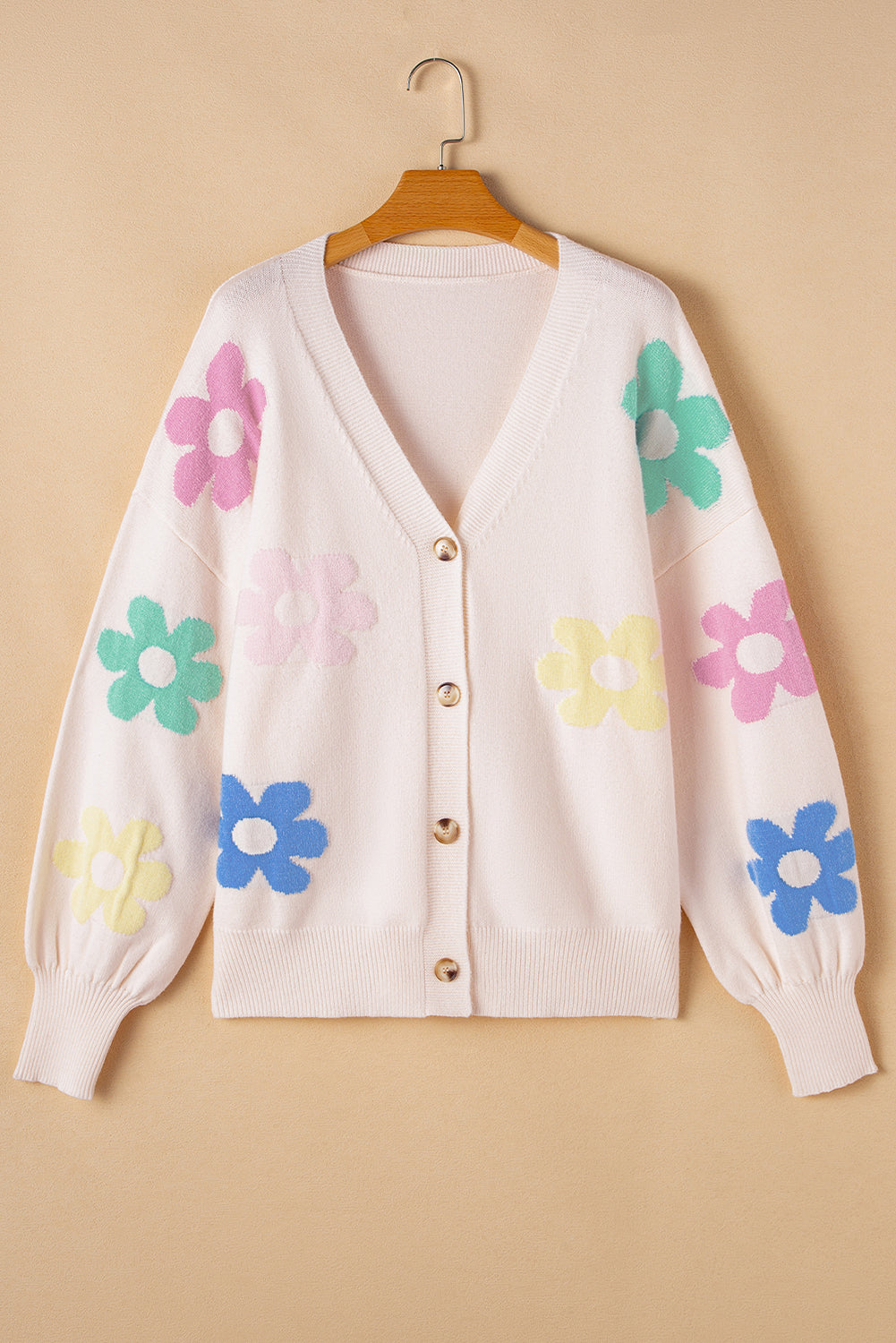 Chic beige floral v-neck cardigan for plus sizes