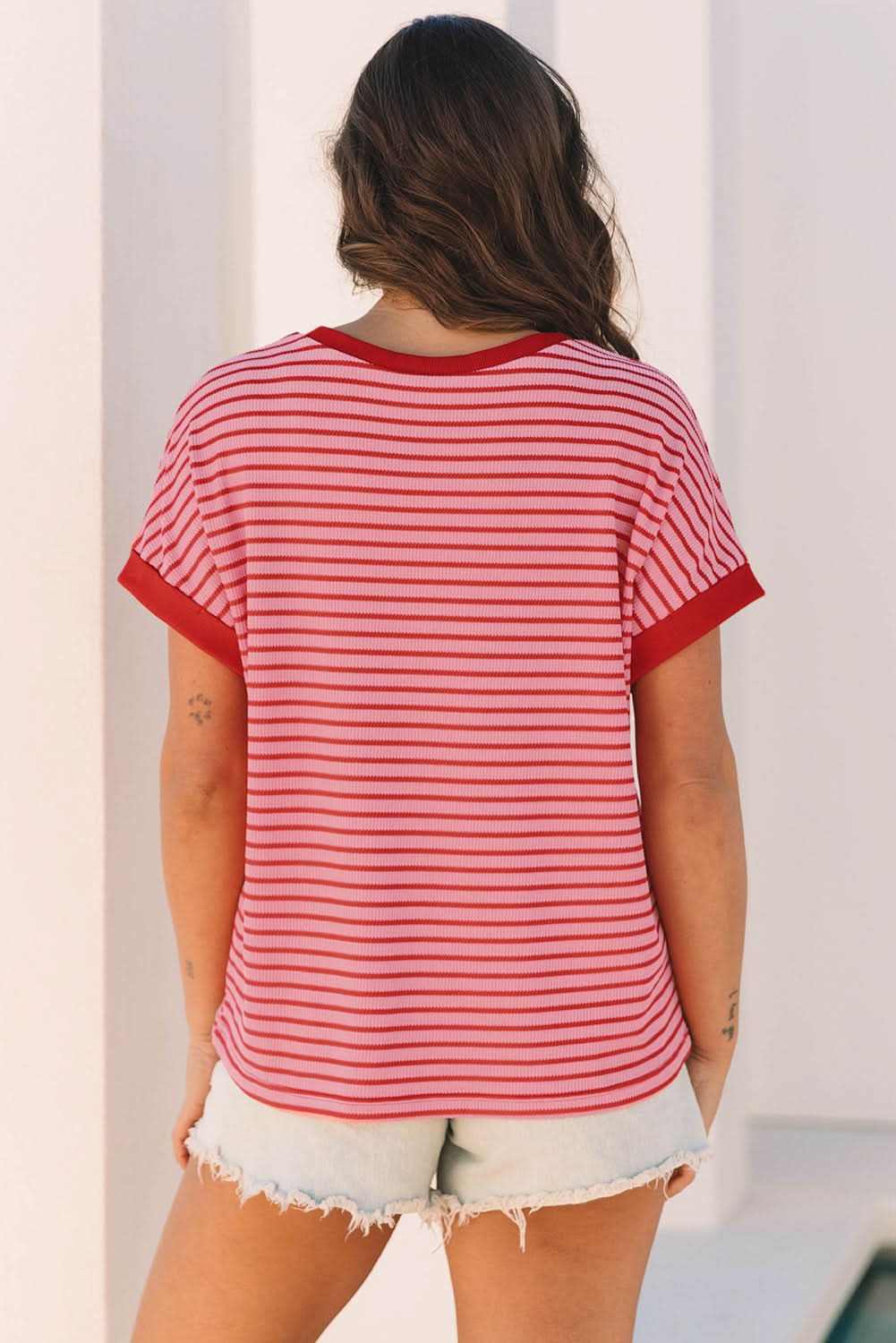 Striped Pink Knit Round Neck T-Shirt for Casual Wear