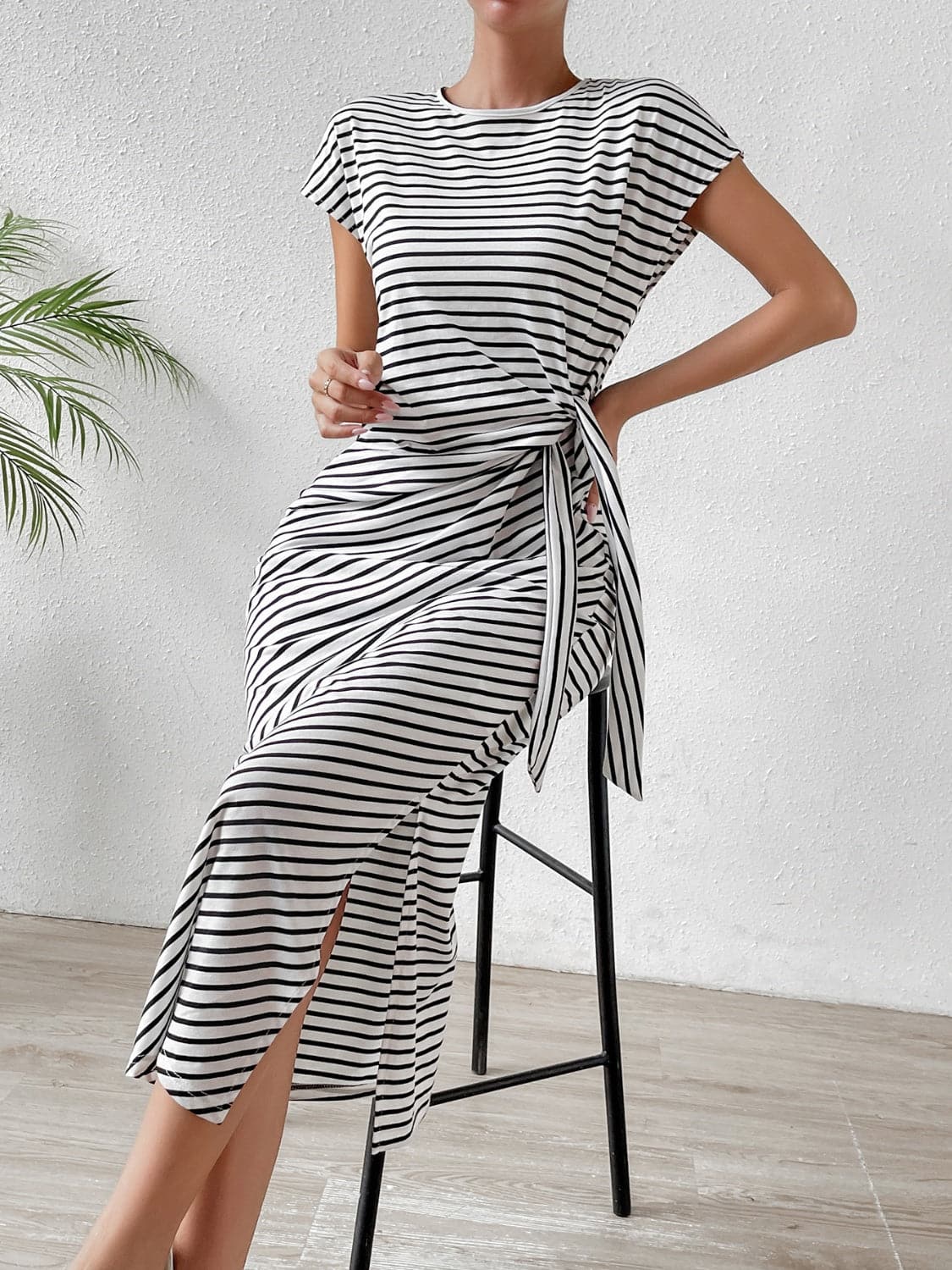 Tied Striped Round Neck Short Sleeve Tee Dress.