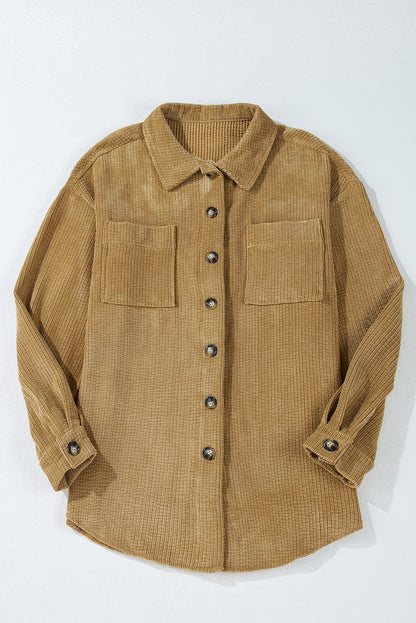 Chic light beige corduroy shacket with patched pockets