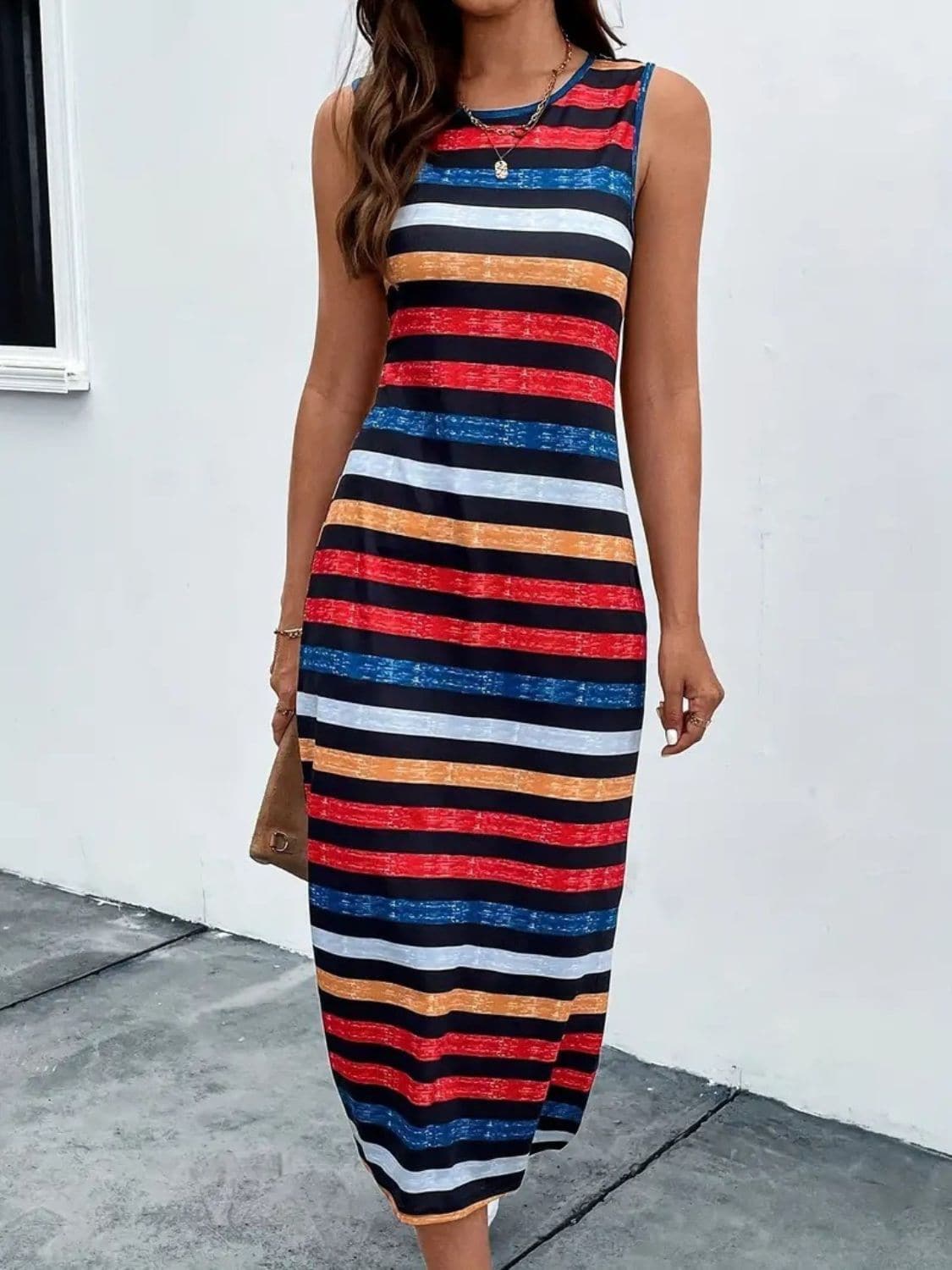 Slit Printed Round Neck Sleeveless Dress.