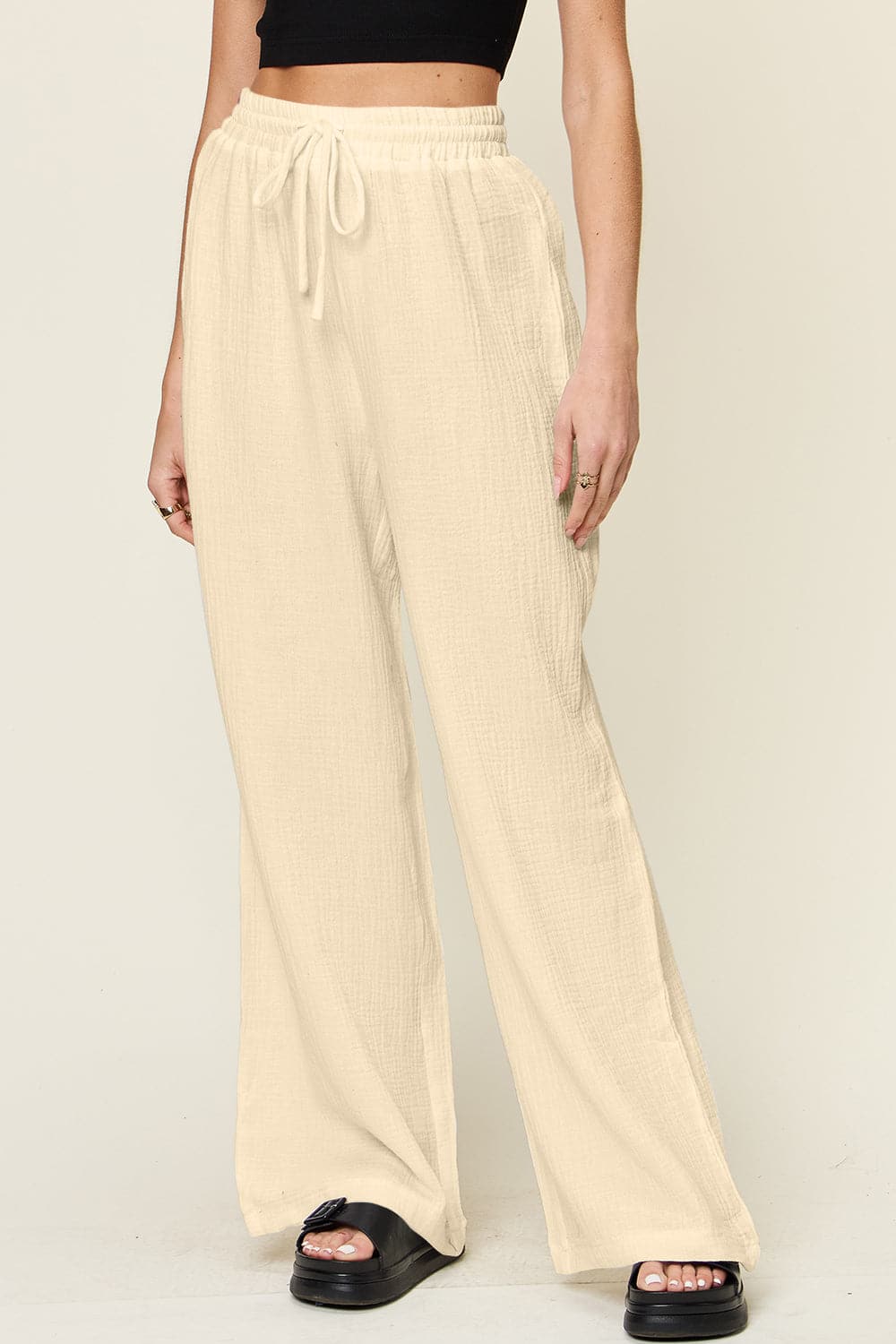 Double Take Full Size Texture Drawstring Wide Leg Pants.