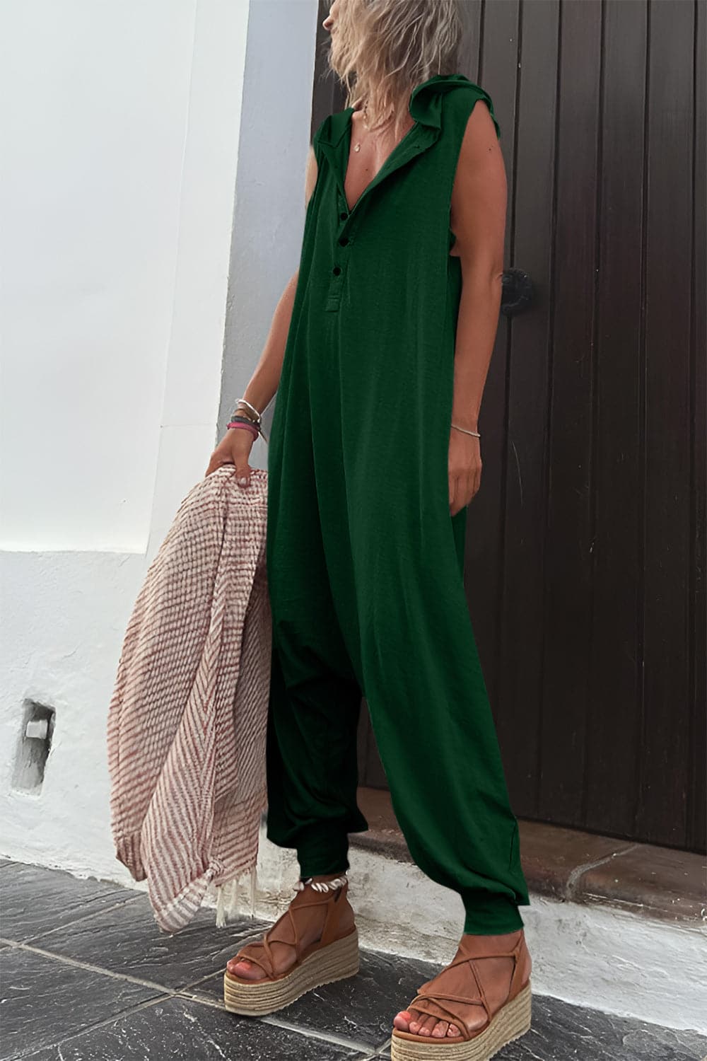 Full Size Half Button Sleeveless Jumpsuit.