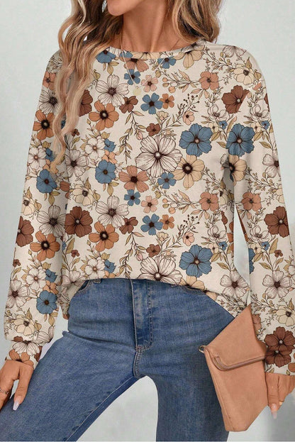Khaki Floral Print Loose Crew Neck Long Sleeve T Shirt Fashion