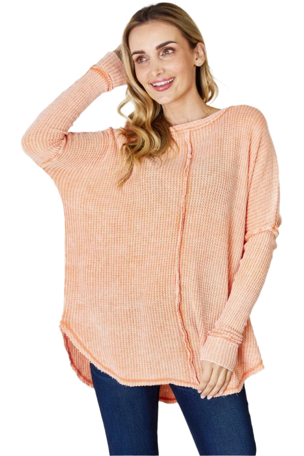 Zenana Oversized Washed Waffle Long Sleeve Top.