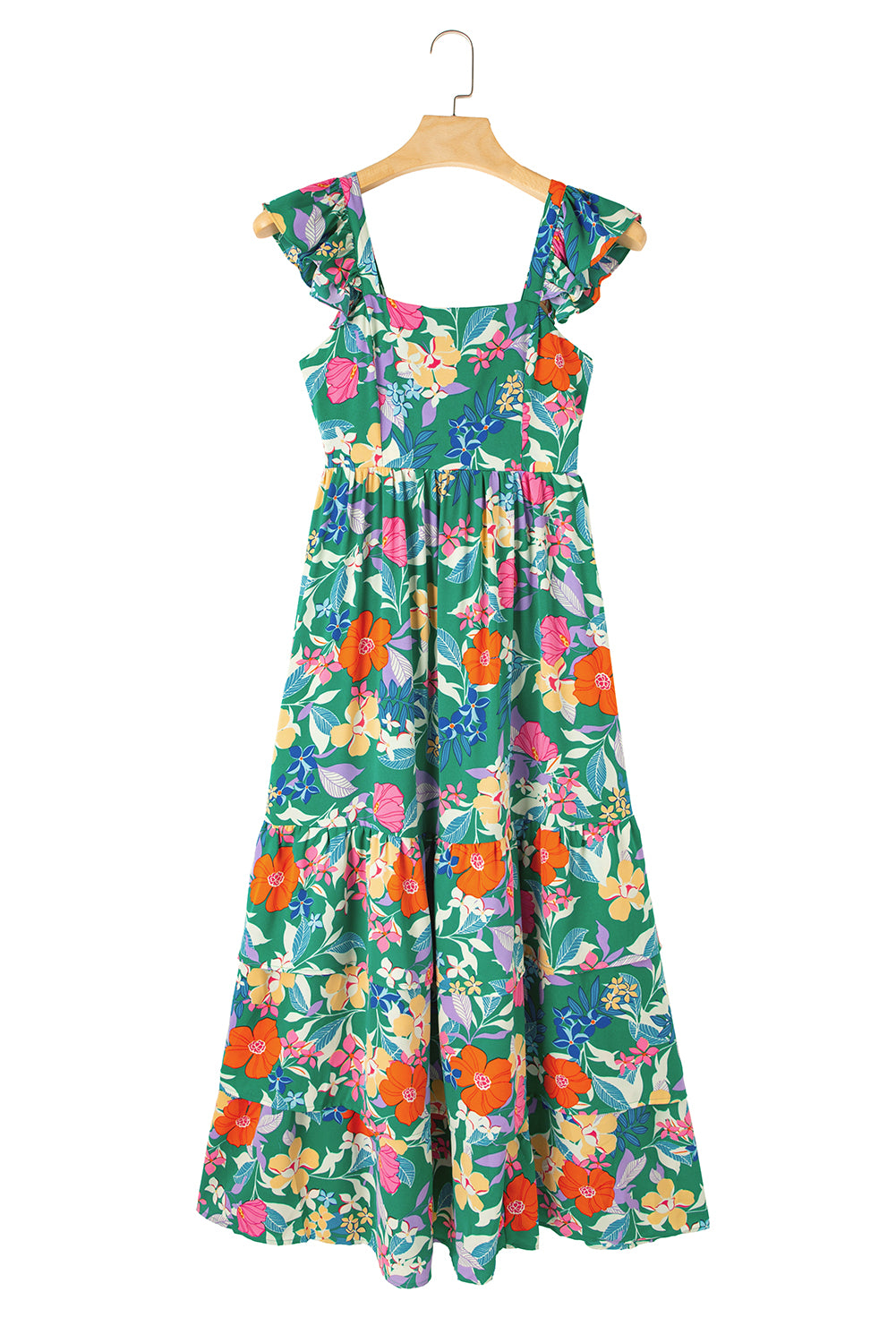 Green Floral Print Sleeveless Ruffle Tiered Maxi Dress Delight