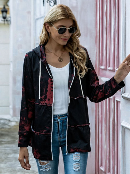 Shiny Full Size Drawstring Printed Zip Up Long Sleeve Jacket