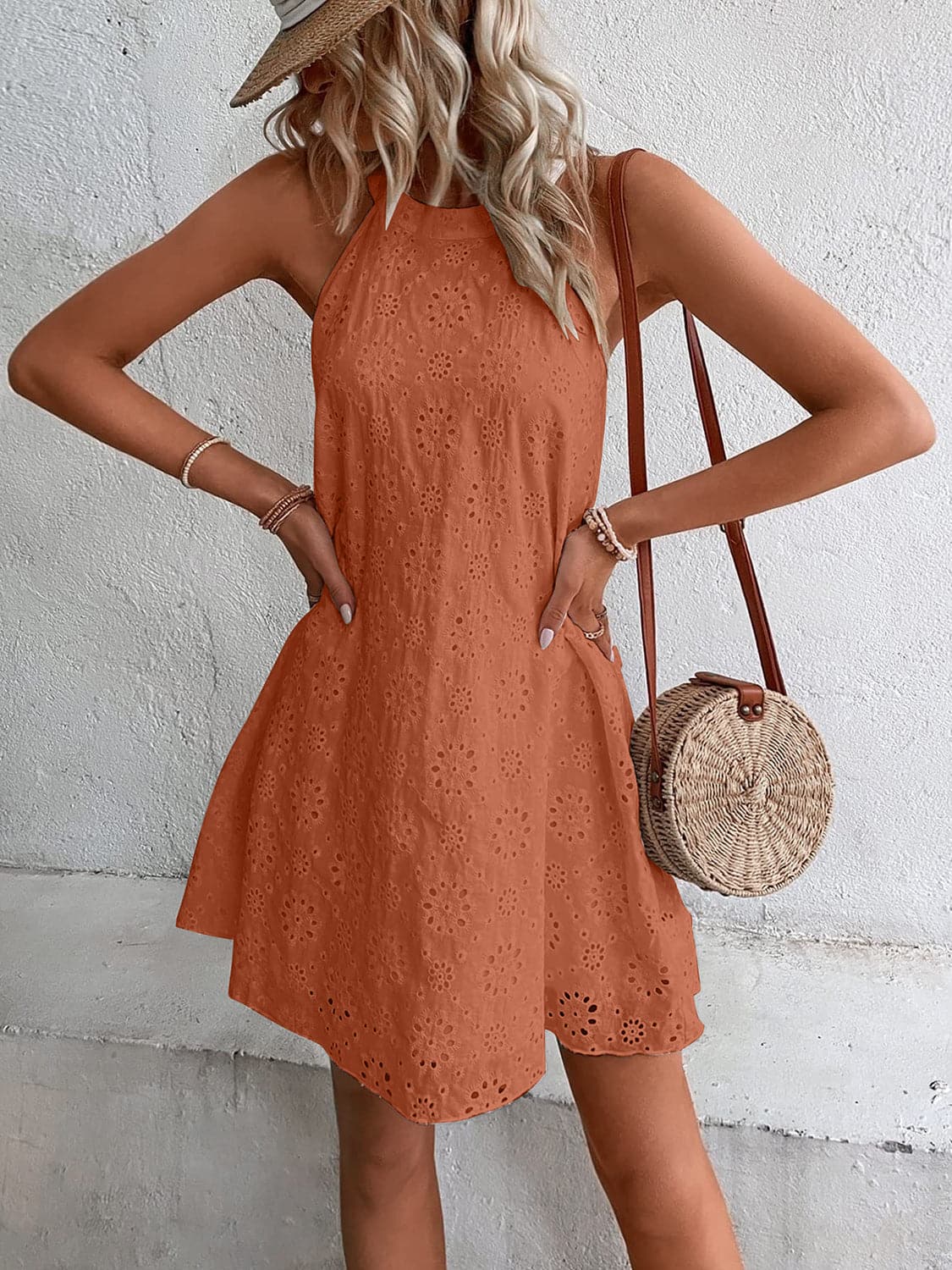 Eyelet Grecian Neck Mini Dress.