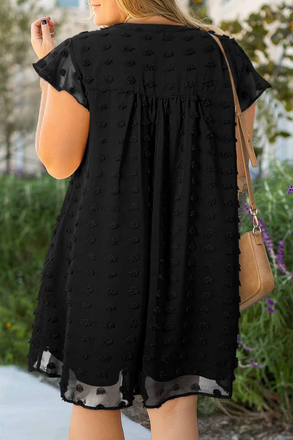 Black Dotty Textured Notched Neck Plus Size Ruffled Dress Dear-Lover Dropshipping