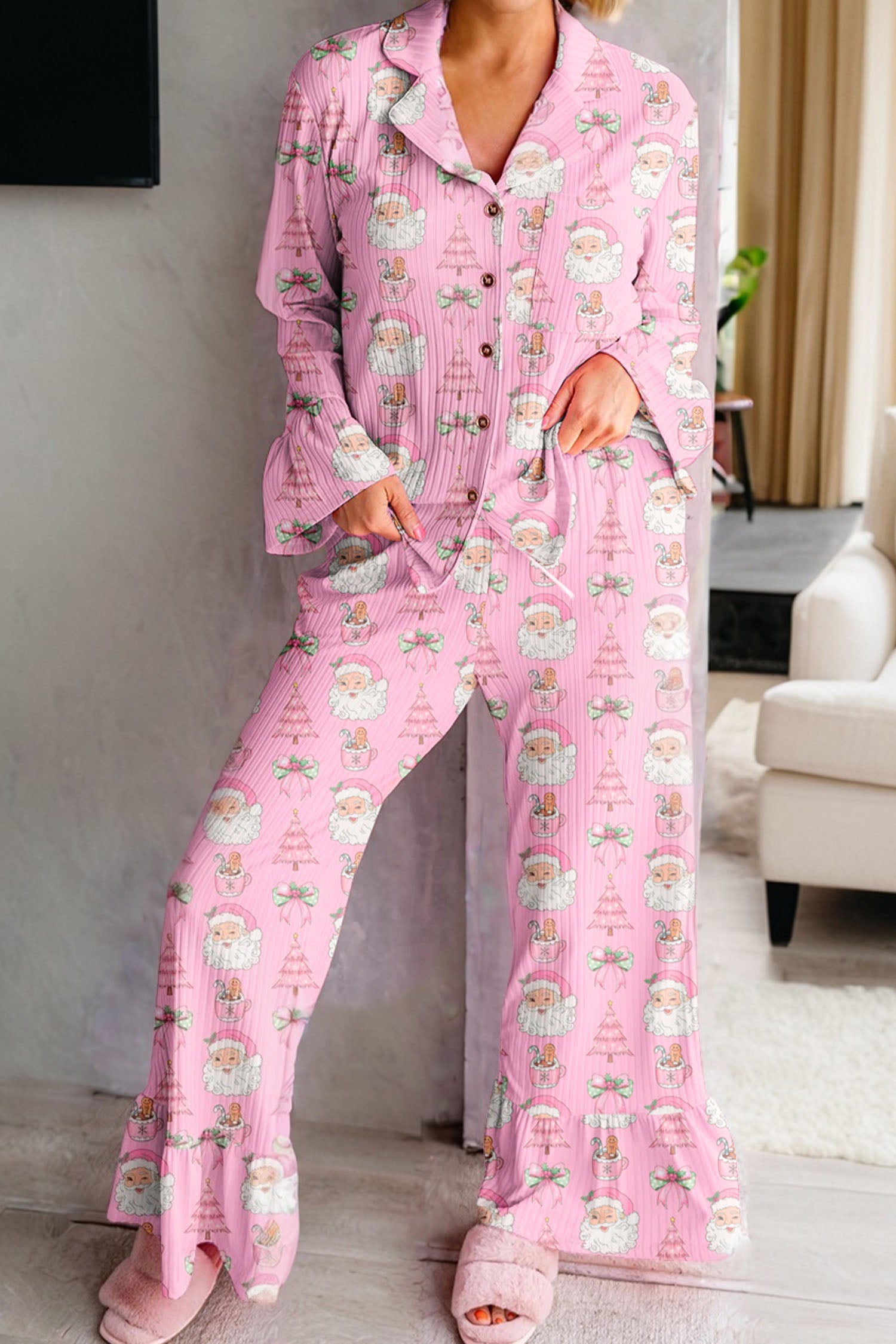 Pink Christmas Print Ruffled Ribbed Shirt And Pants 2 Piece PJ Set Dear-Lover Dropshipping