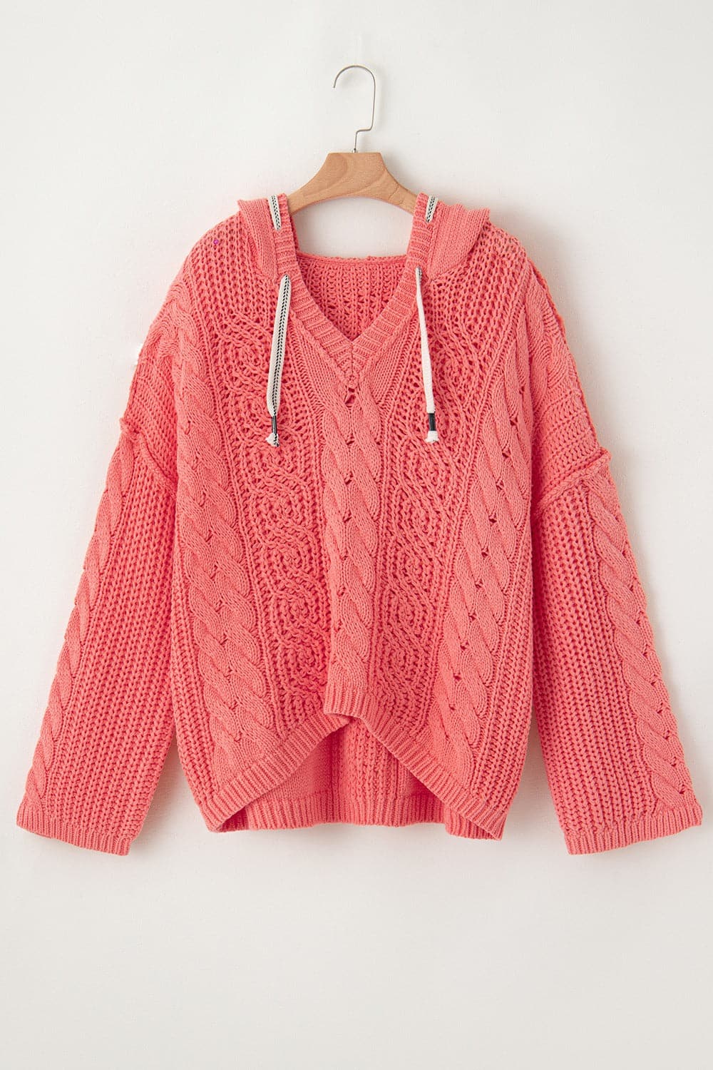 Drawstring Cable-Knit Hooded Sweater.