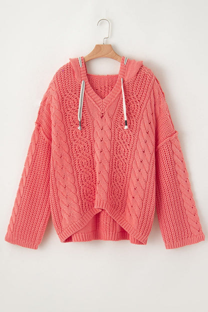 Drawstring Cable-Knit Hooded Sweater.