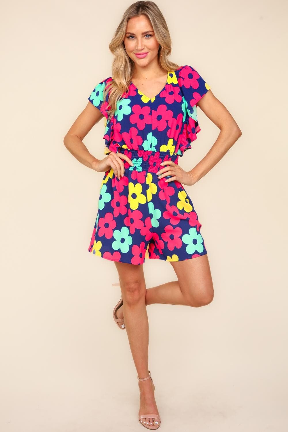 Haptics Floral Smocked Waist Romper with Side Pockets.