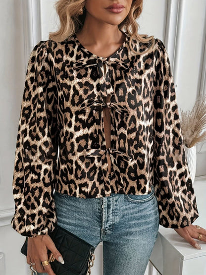 Leopard Print Tied Long Sleeve Round Neck Blouse