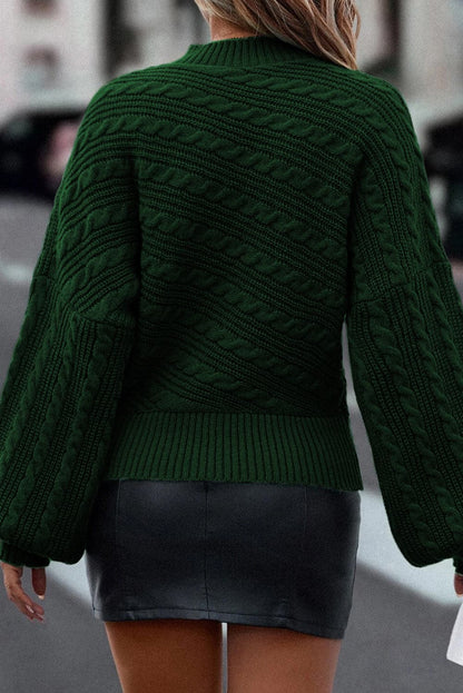 Cable-Knit Mock Neck Dropped Shoulder Sweater.