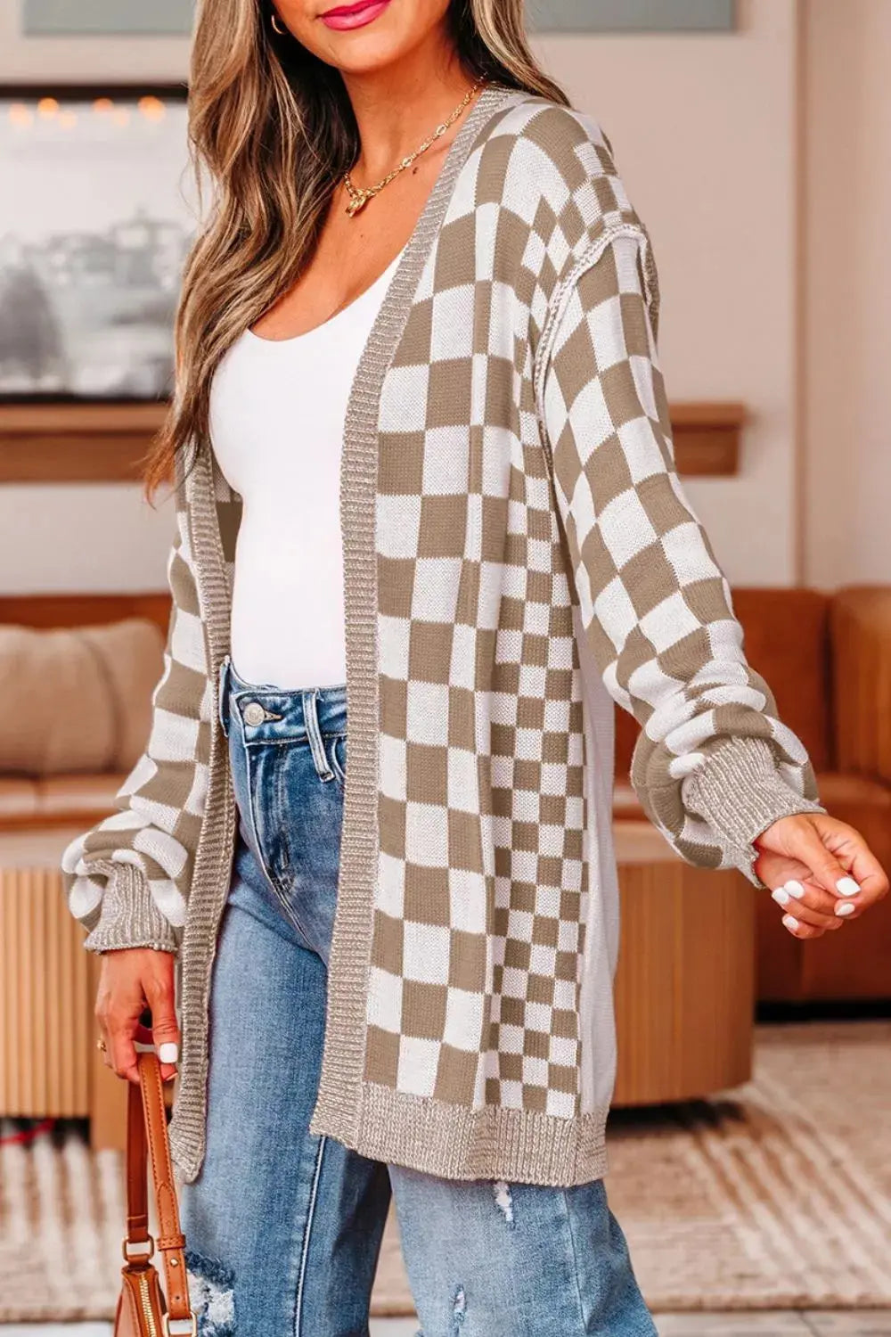 Checkerboard Print Open Front Knit Cardigan Simply Love