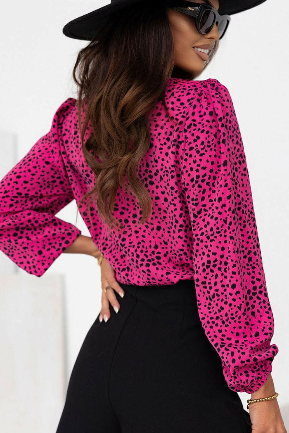 Leopard Round Neck Balloon Sleeve Blouse.