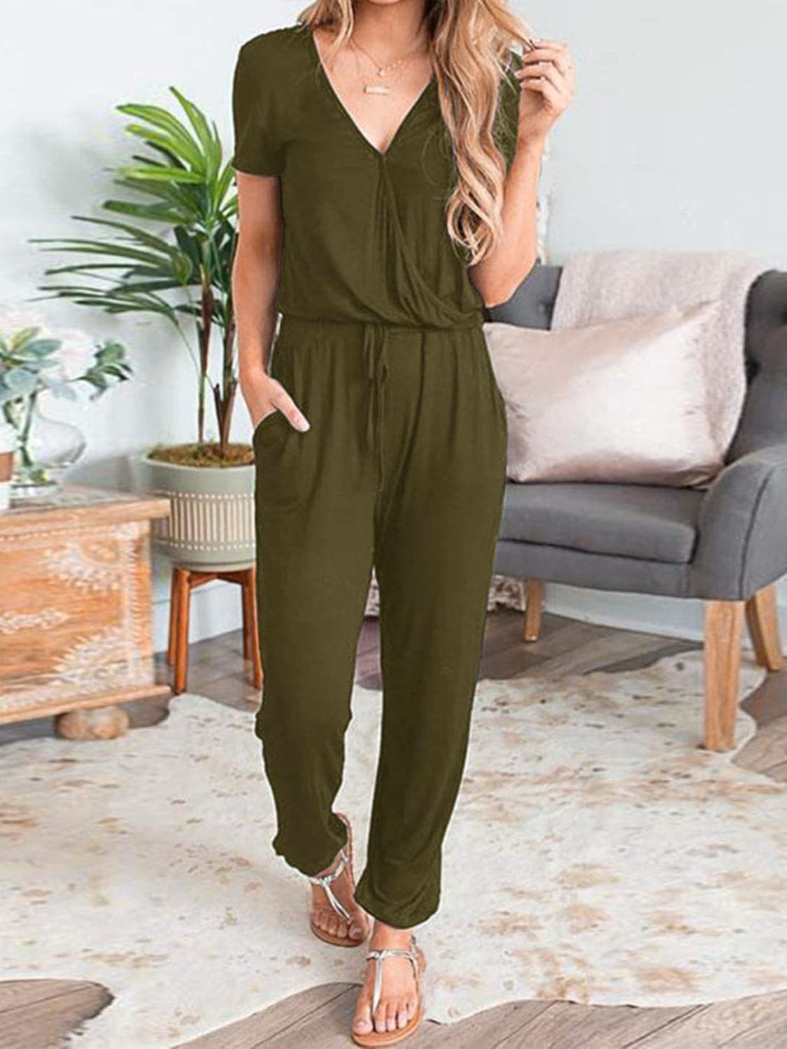 Drawstring Surplice Short Sleeve Jumpsuit.