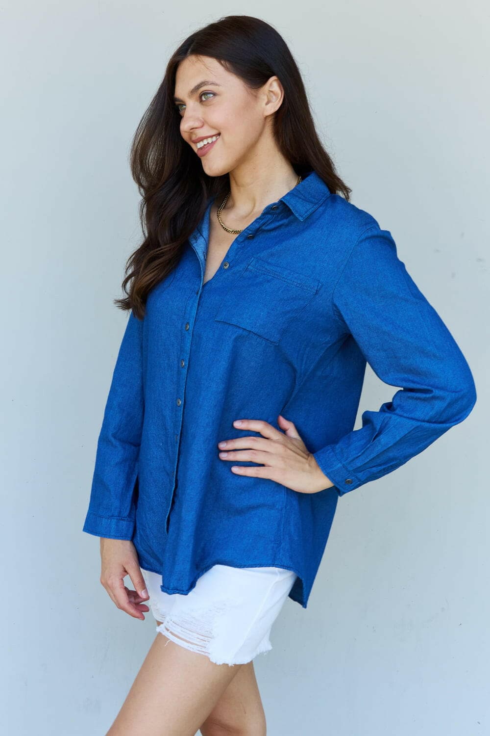 Doublju Blue Jean Baby Denim Button Down Shirt Top in Dark Blue.