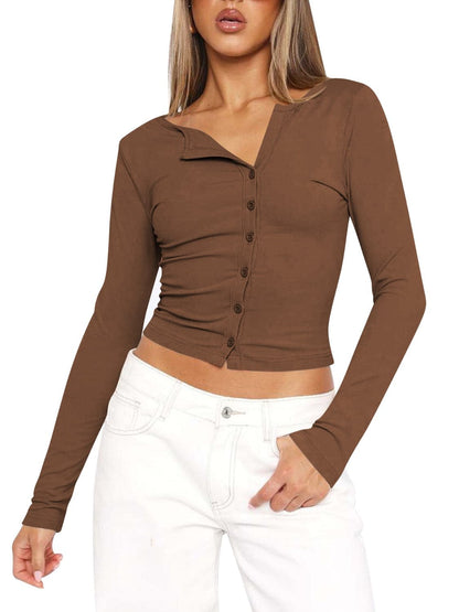 Button Up Round Neck Long Sleeve T-Shirt.