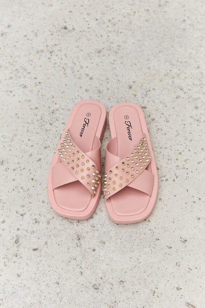 Forever Link Studded Cross Strap Sandals in Blush.