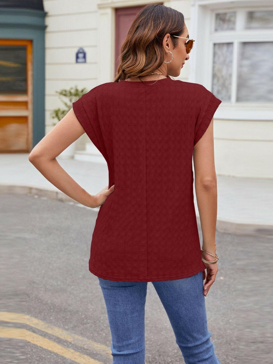 Textured Round Neck Cap Sleeve T-Shirt.