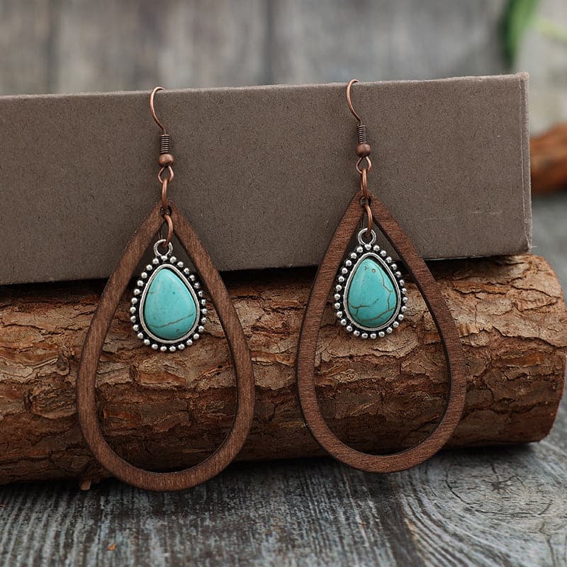 Wooden Turquoise Cutout Teardrop Earrings.