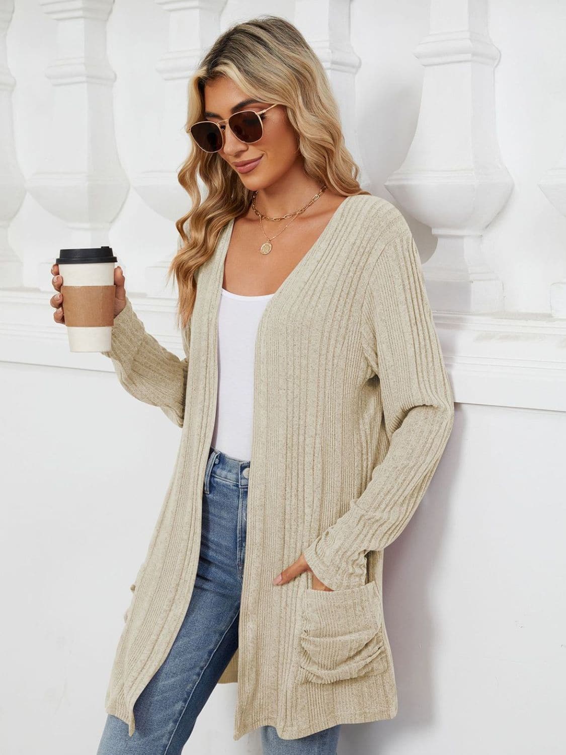 Pocketed Open Front Long Sleeve Cardigan.