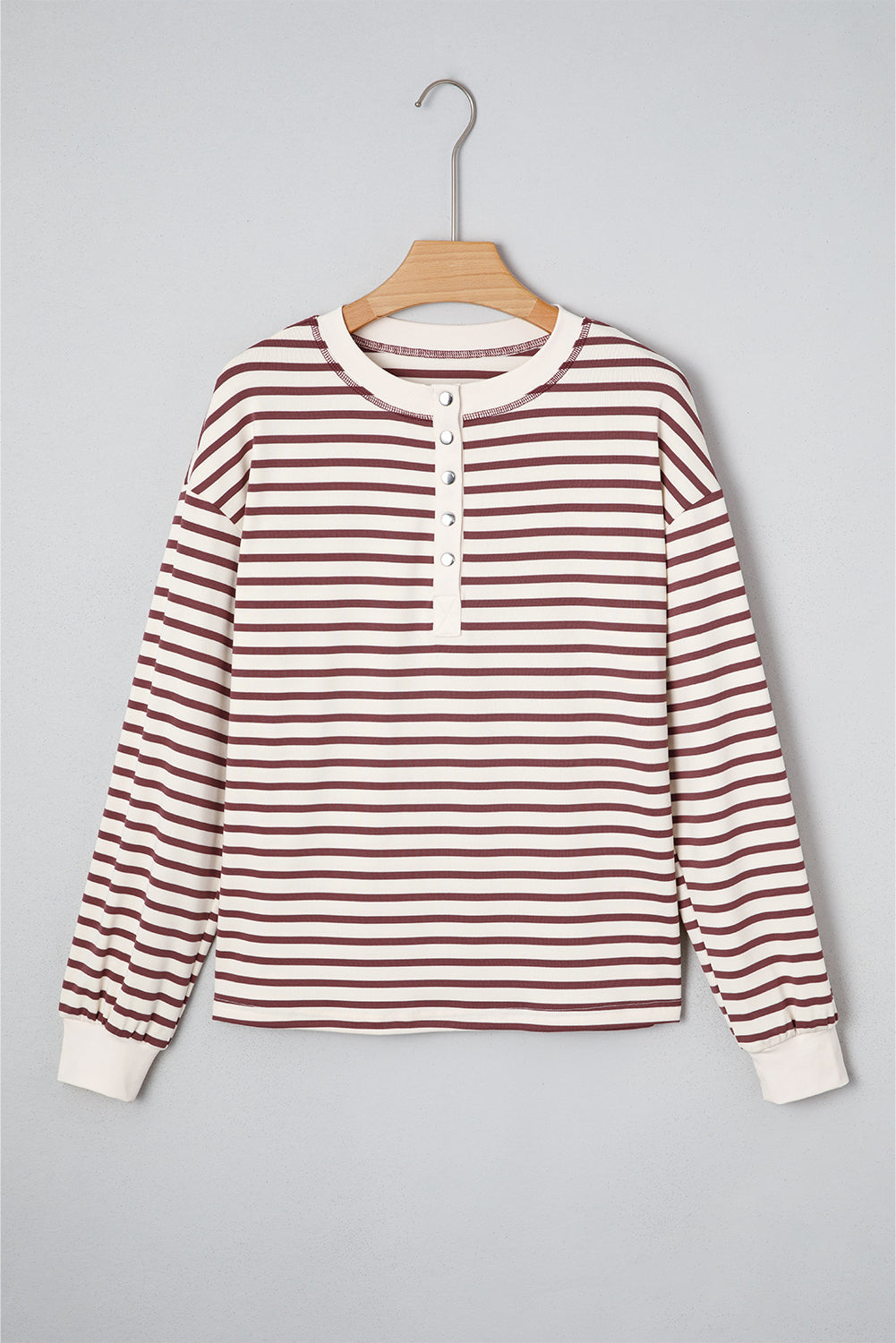 Red Dahlia Striped Print Drop Shoulder Long Sleeve Henley Top For Women Casual Everyday Wear Dear-Lover Dropshipping