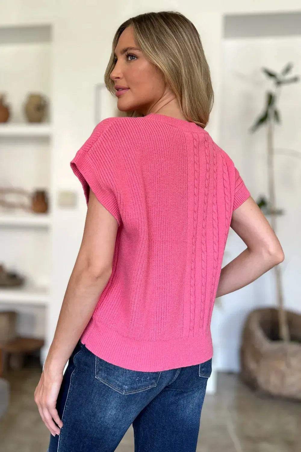 Double Take Full Size Cable-Knit Round Neck Short Sleeve Sweater - Love Salve