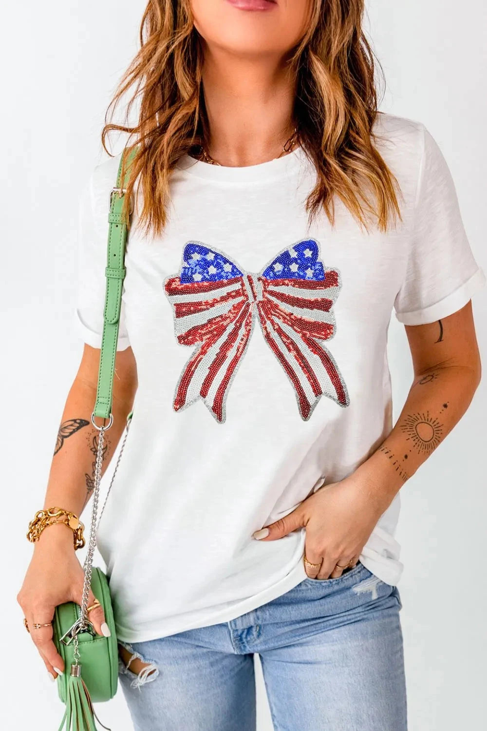 USA Flag Bow Knot Patched Crew Neck T Shirt Simply Love