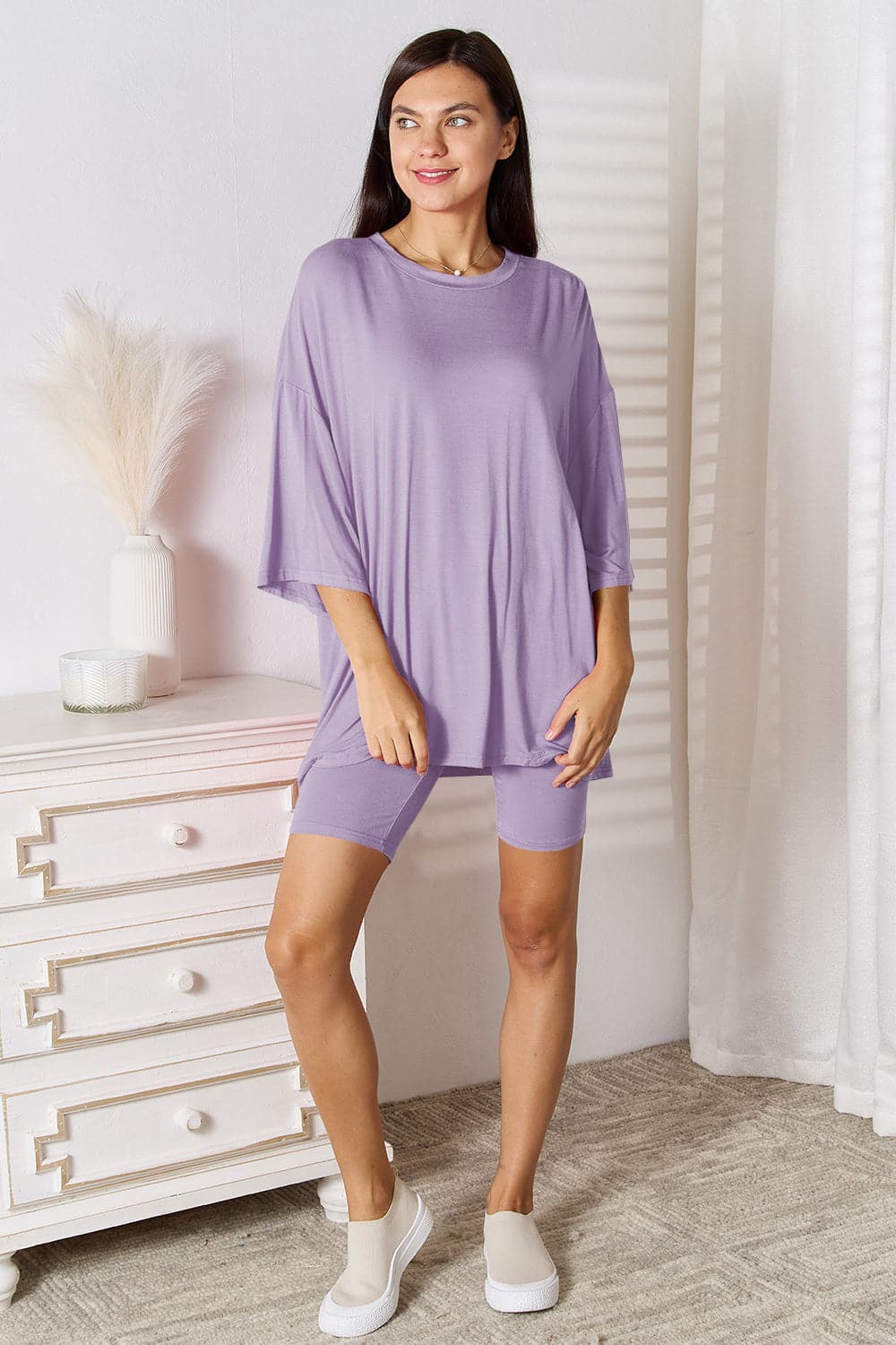 Basic Bae Full Size Soft Rayon Three-Quarter Sleeve Top and Shorts Set.