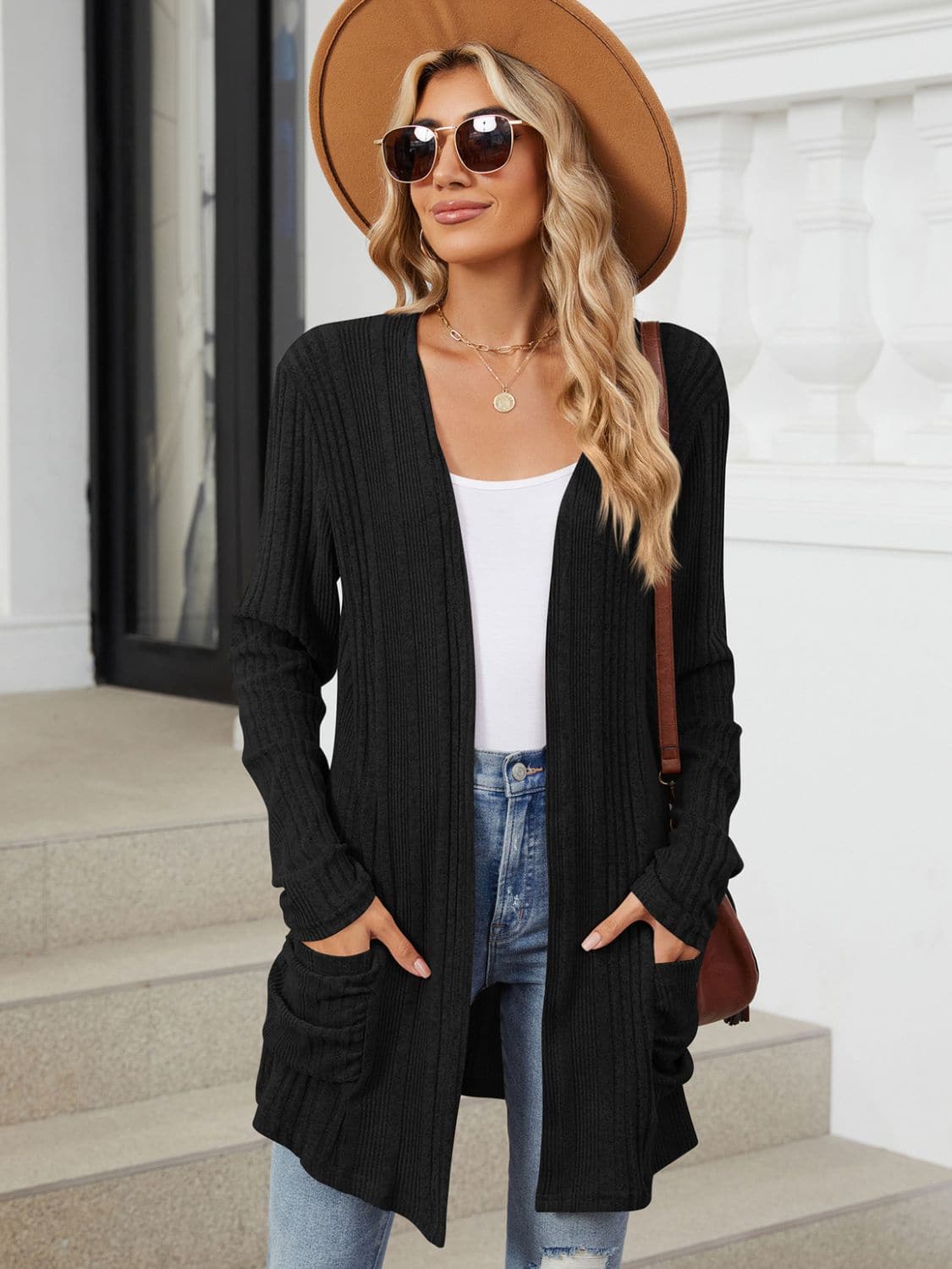 Pocketed Open Front Long Sleeve Cardigan.