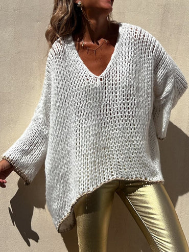 Contrast V-Neck Long Sleeve Sweater.