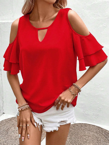 Cold Shoulder Flounce Sleeve Blouse.