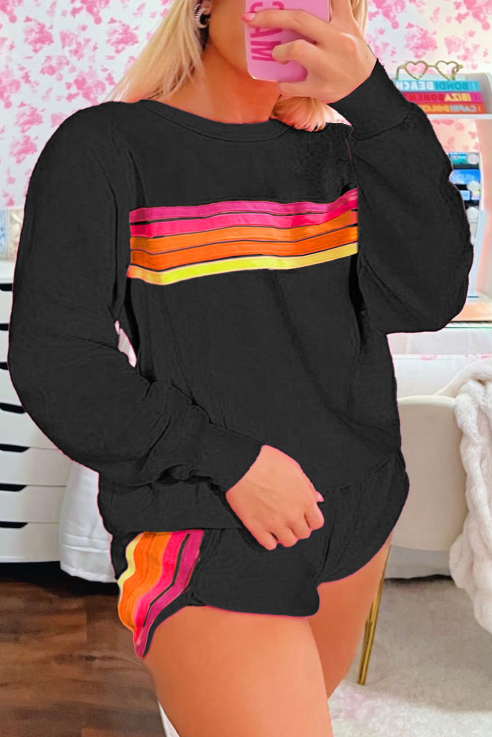 Black Striped Accent Pullover and Shorts Two Piece Set